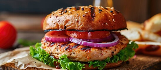 Chicken burger sandwich with tomatoes, red onion, and lettuce.