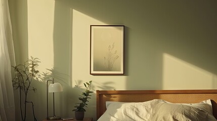 A vertical picture frame hanging on a wall in a bedroom, very sharp focus, 