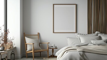 A vertical picture frame hanging on a wall in a bedroom, very sharp focus, 