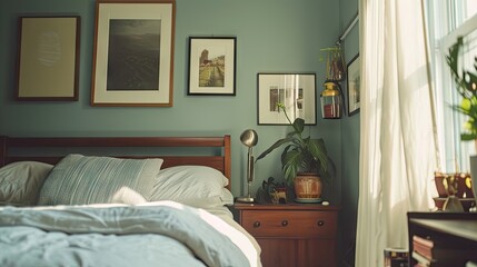 A vertical picture frame hanging on a wall in a bedroom, very sharp focus, 