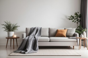 Interior home design of modern living room with gray sofa and houseplants on white wall with copy space