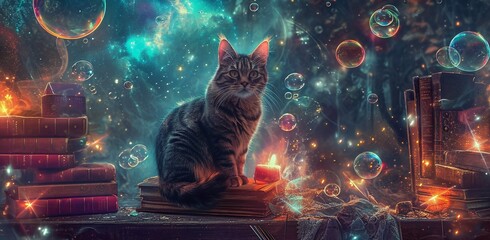 Whiskered Enchantments: A Wizard Cat Brewing Bubbles, Potions, and the Magic of Books. - obrazy, fototapety, plakaty
