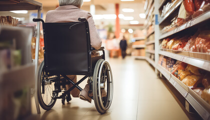 Woman in wheelchair in supermarket buying groceries - obrazy, fototapety, plakaty