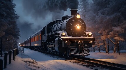 A steam locomotive in the snowy forest at night generative ai - obrazy, fototapety, plakaty