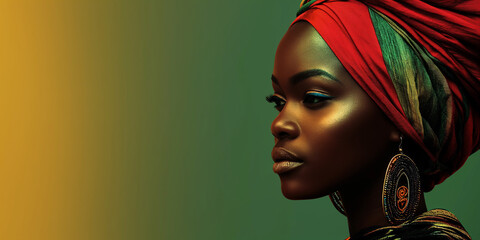 An elegant portrayal of a beautiful fictional African woman with a colorful headscarf, symbolic for events like Black History Month and Juneteenth.