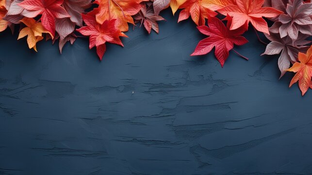 Autumn background with colored leaves on blue background. Generative AI Pro Photo
