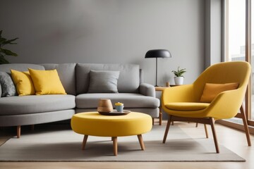 Interior home design of modern living room with yellow sofa chairs and a round table with ornamental plants near the window