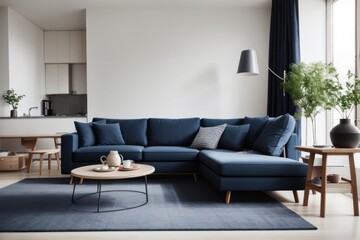 scandinavian Interior home design of modern living room with dark blue sofa and round table in the apartment