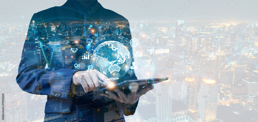 Poster businessman using a tablet global internet connection. concept of big data digital link technology, 