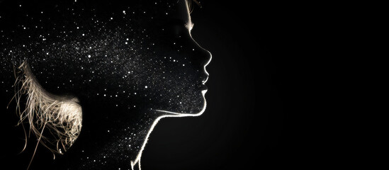 Abstract Illustration of a Woman's Head Crafted from Stars on a Enigmatic Black Canvas