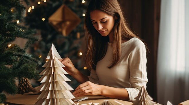 Woman_making_handmade_paper_christmas_tree_decoration ai generative 4k images