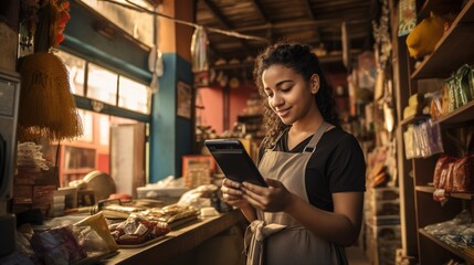 Young_woman_seller_using_device_to_make_payment small business ai generative image