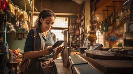 Fototapeta premium Young_woman_seller_using_device_to_make_payment small business ai generative image