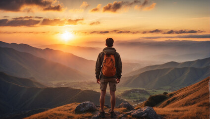 back view of tourist standing on the mountain at sunset  - obrazy, fototapety, plakaty
