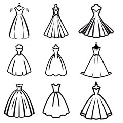 Wedding dress, simple, lovely, black line art set, illustration