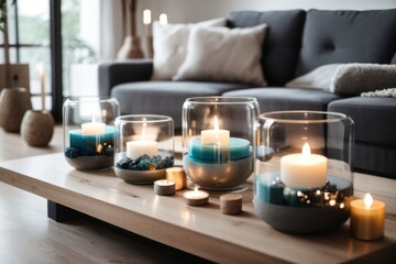 Interior home design of modern living room with sofa and candles in a glass vase on a wooden table