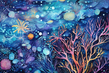 Nature, marine life, art, animals, graphic resources concept. Colorful sea life gouache or oil painting background illustration with copy space