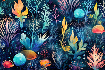 Fototapeta na wymiar Nature, marine life, art, animals, graphic resources concept. Colorful sea life gouache or oil painting background illustration with copy space