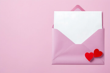 Open envelope with blank white card and red heart on pink background, Valentine's day, wedding, engagement, mother's day, birthday greeting card with space for text