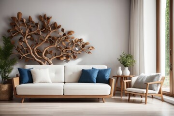Unique Interior home design of modern living room with white sofa with blue pillows, decorated with wooden branches and a composition of wooden pieces on a brick wall