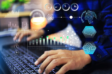 Data analyst work on computer screen to summarize business and investment results from around the...