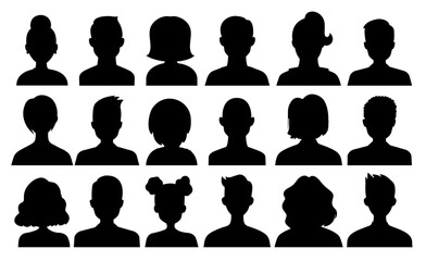 Set of female and male face silhouette avatars or portraits for social media template. Corporate man and woman silhouette icon for technology business. Resume, cv or portfolio people sign and symbol.