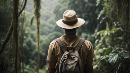 Fototapeta premium back view of tourist standing in the forest