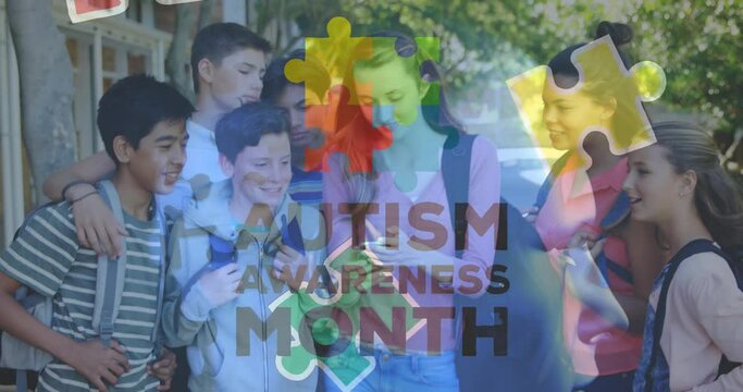 Animation of autism awareness month text and puzzle pieces over happy diverse friends
