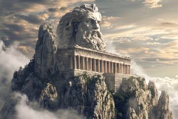 Mythical mountain temple with a giant statue - obrazy, fototapety, plakaty