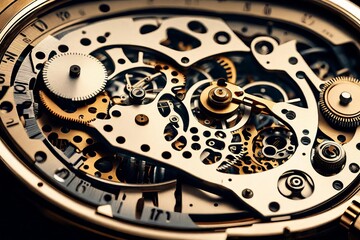 Close-Up View of Intricate Mechanical Watch Internal Components, Featuring Gears, Cogs, and Springs with Golden Accents