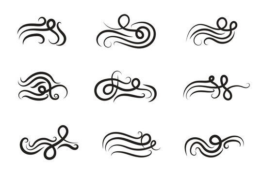 Vintage Filigree Swirls, calligraphy Tattoo style Decorative Elements, Text Ornaments curly line swings swashes, Flourishes Swirls Elegant ornate, flourish Swirl ornament stroke, scroll design