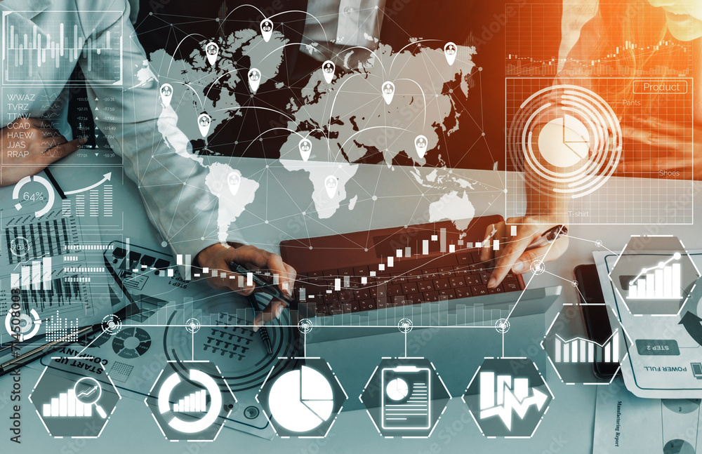 Poster data analysis for business and finance concept. interface showing future computer technology of prof