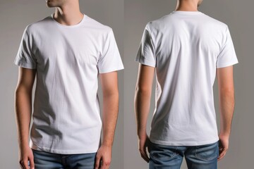 Front and back view of a plain white t shirt on a male model - obrazy, fototapety, plakaty