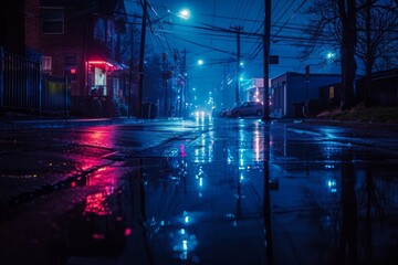 Fototapeta premium Dark, moody atmospheric street with reflective wet ground