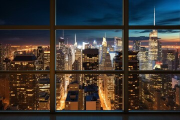 Manhattan skyline view from high rise window at night, showing beautiful real estate and cityscape. Generative AI