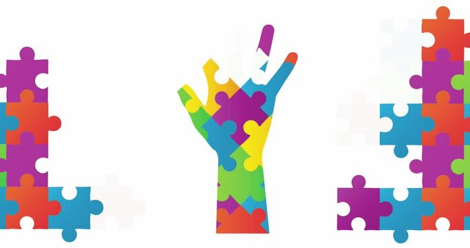 Animation of multi coloured puzzle pieces and hand over white background