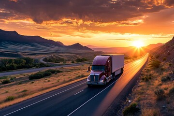 Semi truck driving on highway during sunset in mountainous area