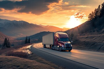 Obraz premium Semi truck driving on highway during sunset in mountainous area