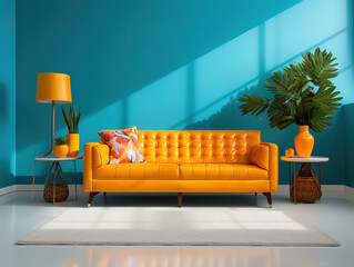 Attractive Front view of elegant living room with vintage orange sofa, blue and yellow armchairs