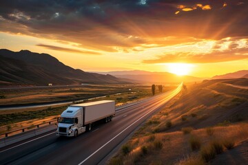 Semi truck driving on highway during sunset in mountainous area