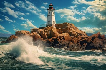 Lighthouse on rock amidst waves with blue sky and clouds. Generative AI