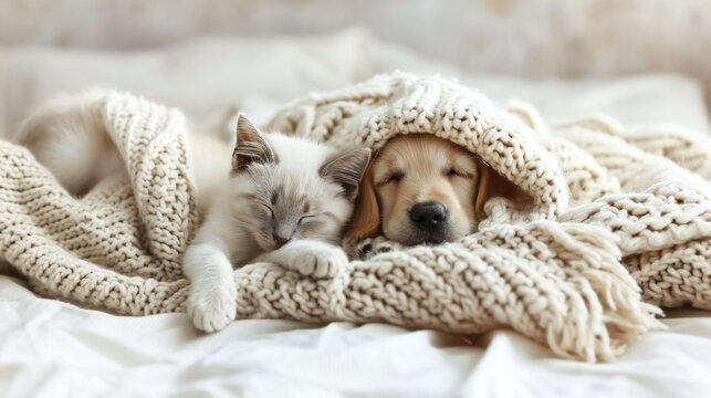 Adorable Kitten and Puppy Snuggled Together in a Cozy Crochet Blanket