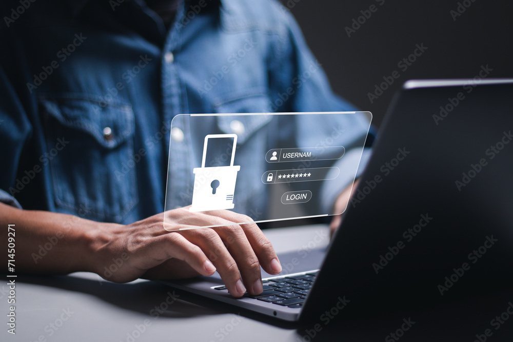 Poster cyber security concept, person use laptop to login and password for data protection and secure inter