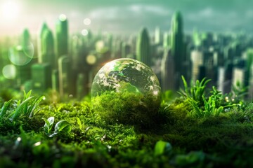 Conceptual artwork of a green earth with cityscape