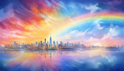 Fototapeta na wymiar Neon city with rainbow , LGBQ concept