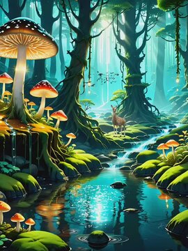 cartoon illustration of a fantasy forest with glowing mushrooms with tree roots hanging from tree stems and crossed by a river of clear water