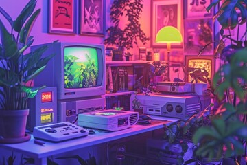 Vibrant retro gaming setup with colorful consoles and plants