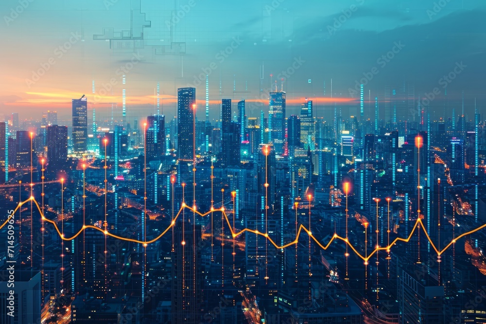 Poster an abstract representation of financial growth with graphs and upward trending lines superimposed on