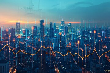 An abstract representation of financial growth with graphs and upward trending lines superimposed on a cityscape at dusk. - obrazy, fototapety, plakaty
