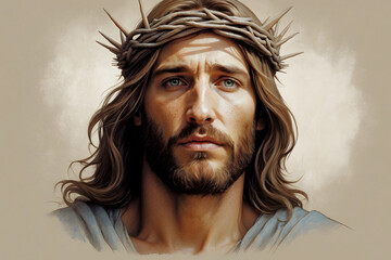 Jesus wearing a crown of thorns - obrazy, fototapety, plakaty